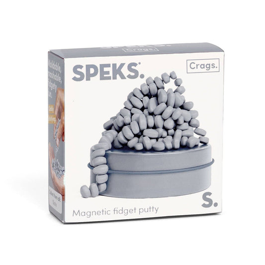 Speks Mini Crags coloris Ardoise présentés avec leur boîte ronde assortie