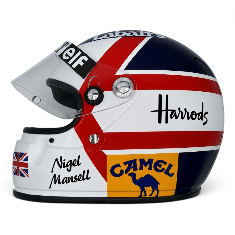 Casque Replica Nigel Mansell 1992 blanc bleu marine et rouge inspiré du casque du Champion du monde de Formule 1