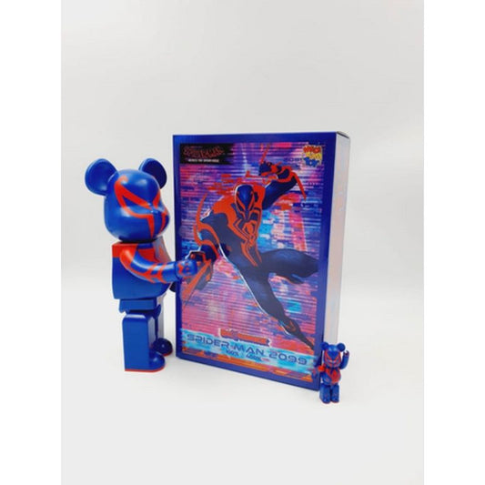 Figurines Be@rbrick Spider-Man 2099 formats 100% et 400%, design Marvel sous licence officielle avec packaging illustré