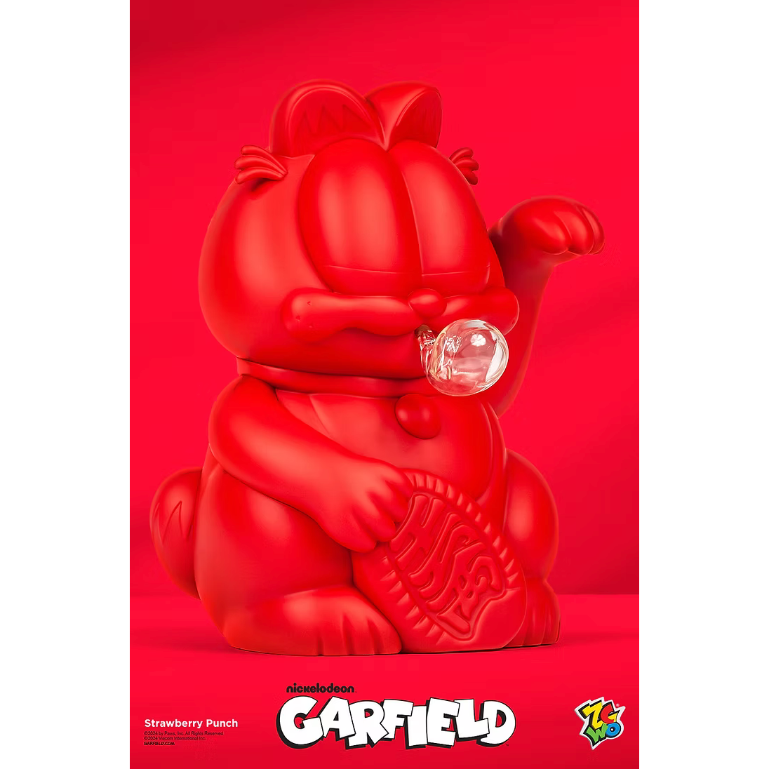 Figurine Garfield rouge “Strawberry Punch” de Youtooz, style chat porte-bonheur avec bulle transparente