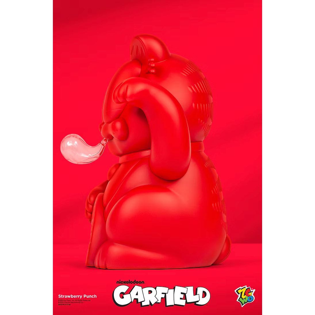 Figurine Garfield rouge “Strawberry Punch” de Youtooz, style chat porte-bonheur avec bulle transparente