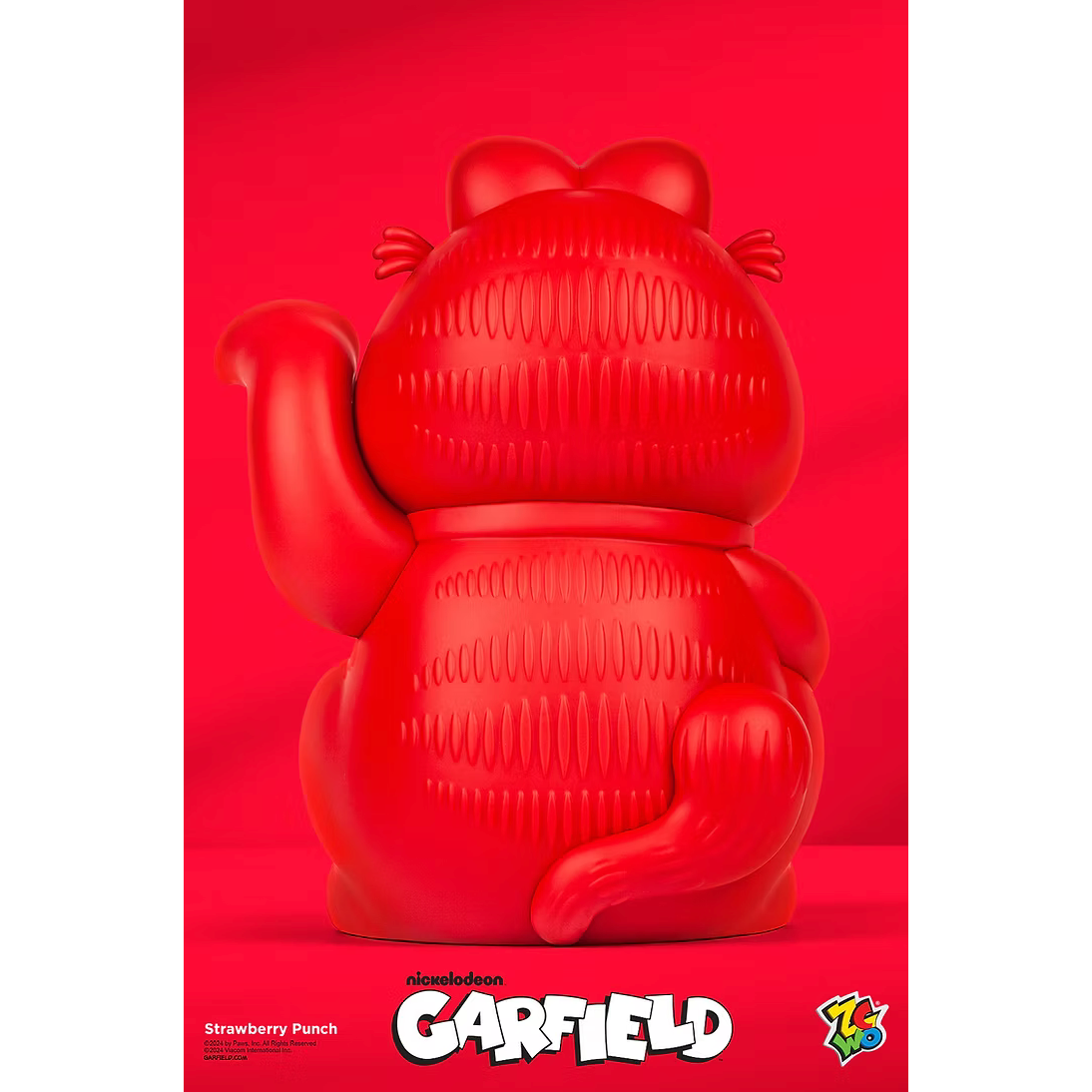 Figurine Garfield rouge “Strawberry Punch” de Youtooz, style chat porte-bonheur avec bulle transparente