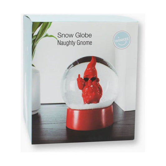 Boule à neige rouge avec figurine de nain insolent faisant un doigt d’honneur sous les flocons