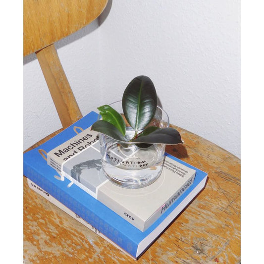 Verre à message avec texte “Motivation OFF” barré en typo manuscrite noire