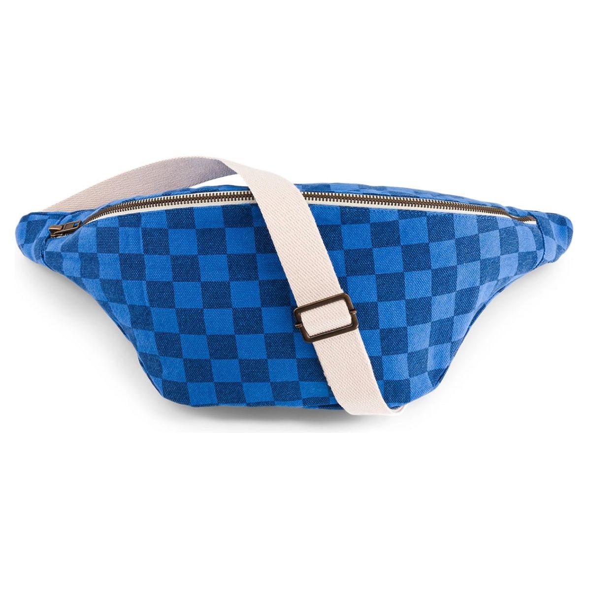 Sac banane Rose in April – imprimé damier bleu – coton avec fermeture éclair et sangle ajustable