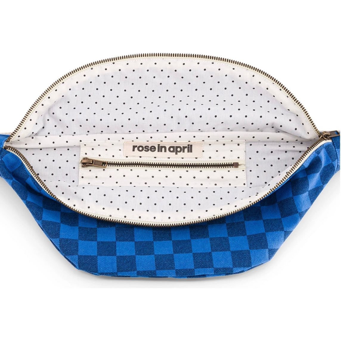 Sac banane Rose in April – imprimé damier bleu – coton avec fermeture éclair et sangle ajustable