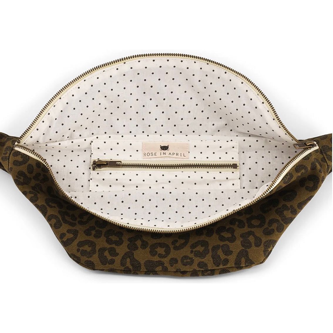 Sac banane Rose in April – imprimé léopard olive – fermeture métal et bandoulière réglable