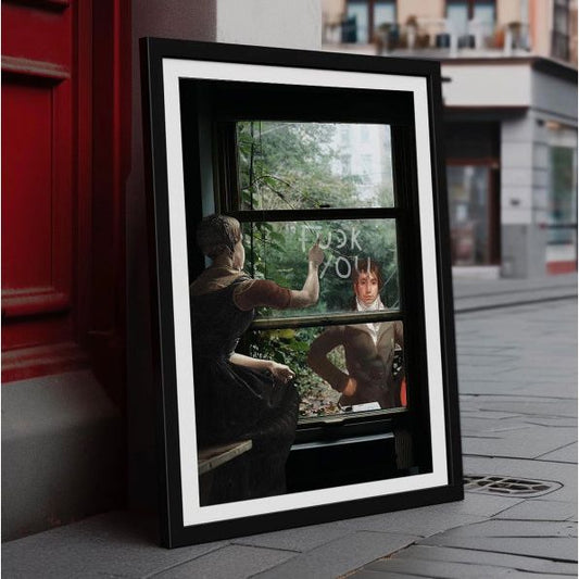 Affiche Un Adieu Aimable – scène romantique détournée avec message écrit sur fenêtre – format A3