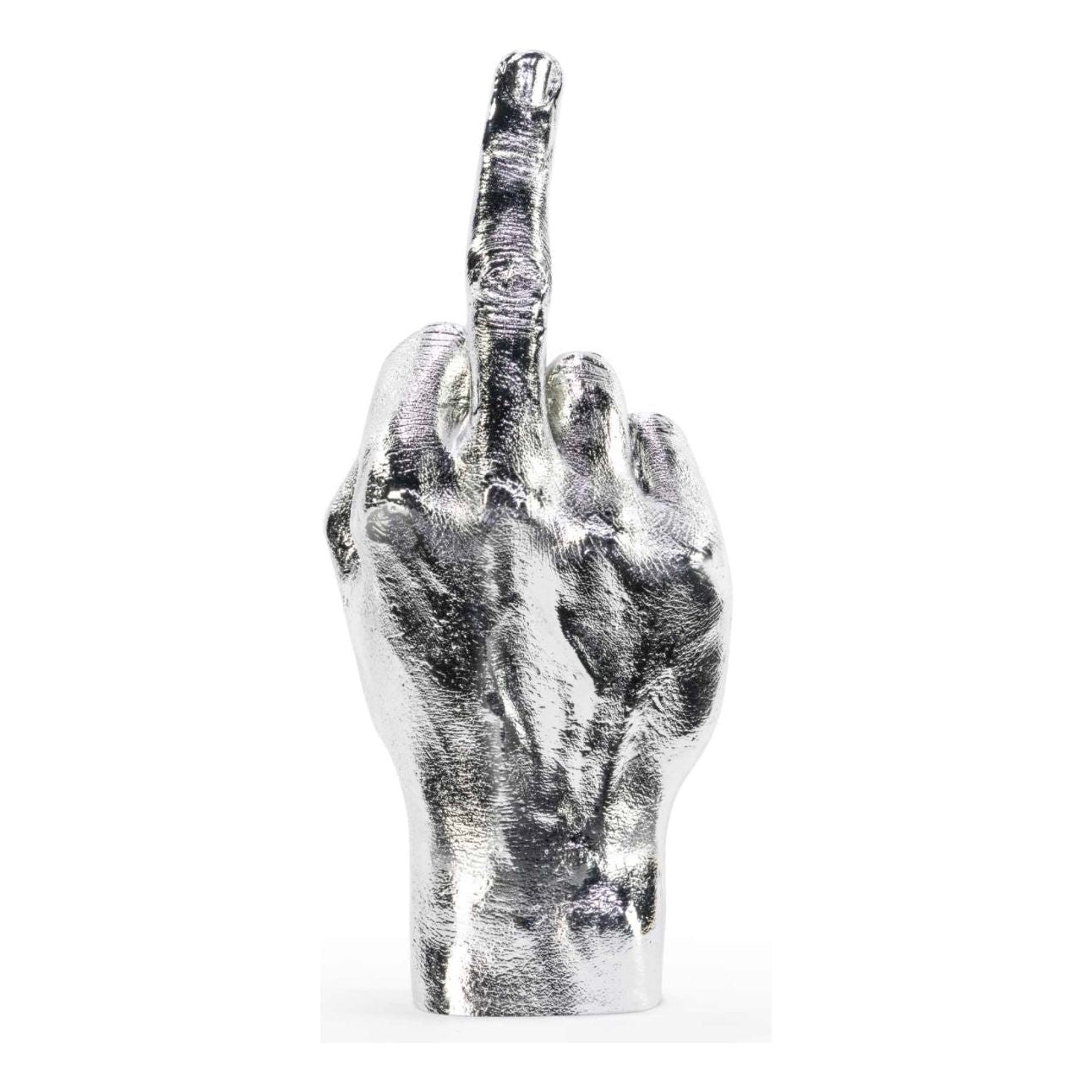 Sculpture Le Doigt argent – main déco chromée provoc – Bitten