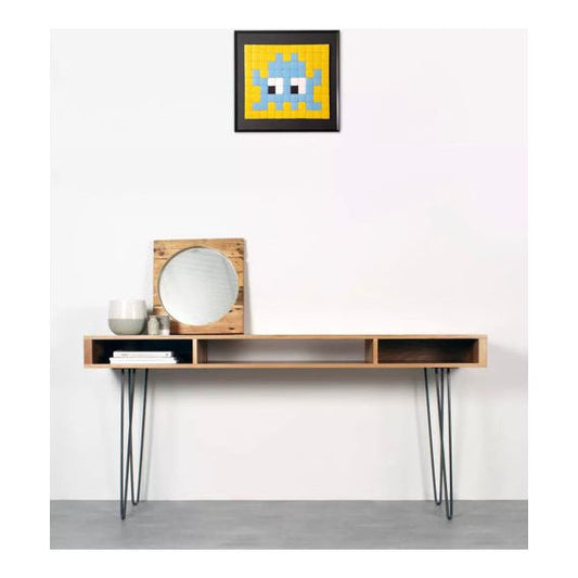 Cadre mosaïque pixel art 30x30 cm représentant un invader bleu sur fond jaune – Fenel & Arno