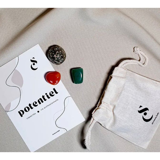 Kit lithothérapie Potentiel Stones Club – pyrite, cornaline et aventurine avec livret et pochon coton
