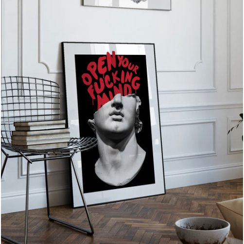 affiche "Open your fucking mind" avec buste classique en noir et typo rouge