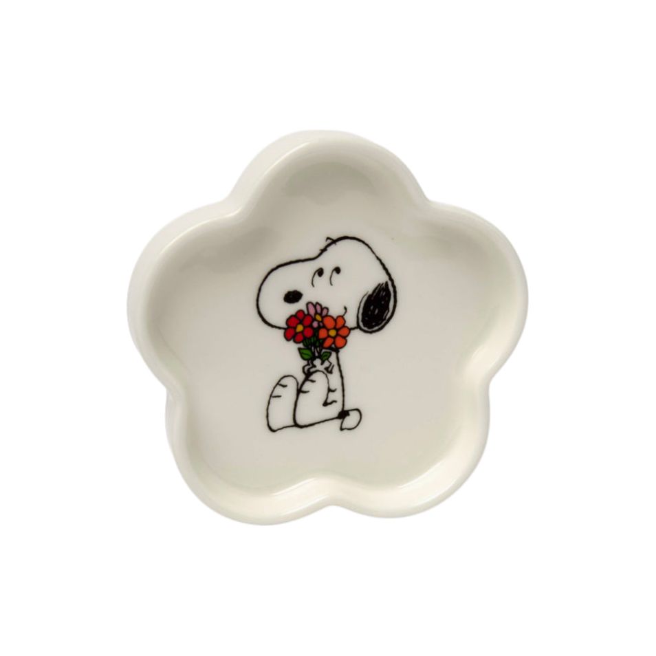 Plat à bibelots cœur Peanuts Snoopy "Flowers" en céramique avec packaging rose illustré