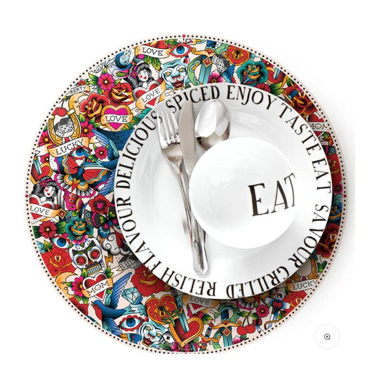 Set de table rond en vinyle Podevache Tattoo Mix, style tattoo coloré