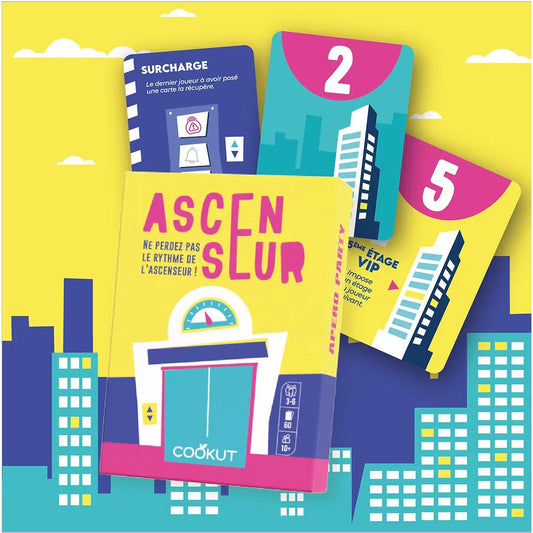 Jeu de cartes Ascenseur Cookut – boîte jaune, rose et bleue avec illustration d’ascenseur