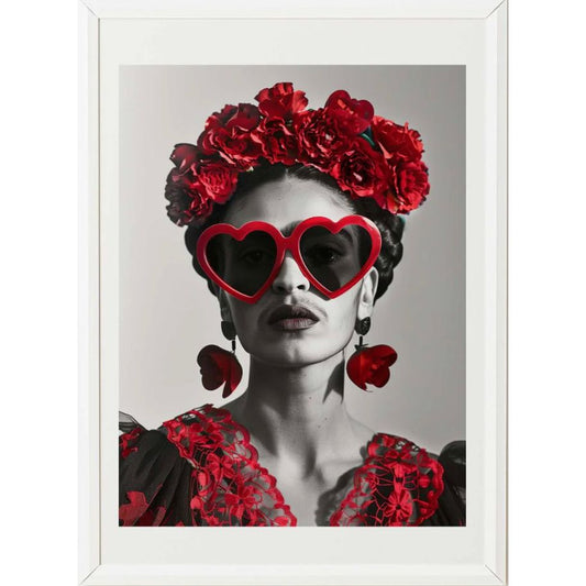 Affiche "Cœur de Frida" – Cebo Galerie, portrait noir & blanc avec fleurs et lunettes rouges