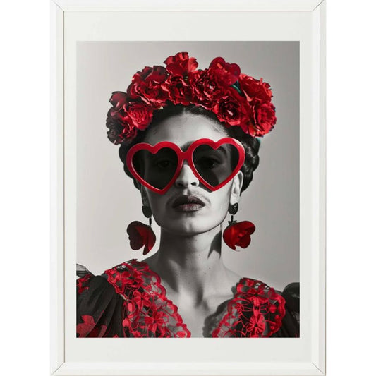 Affiche "Cœur de Frida" – Cebo Galerie, portrait noir & blanc avec lunettes rouges et fleurs