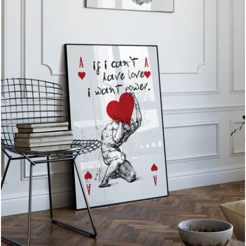 Affiche "Love or Power" – Carte As de cœur revisité avec cœur rouge et citation