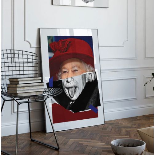 Affiche "Queenstein" – Collage de la Reine et Einstein – Pop art humoristique
