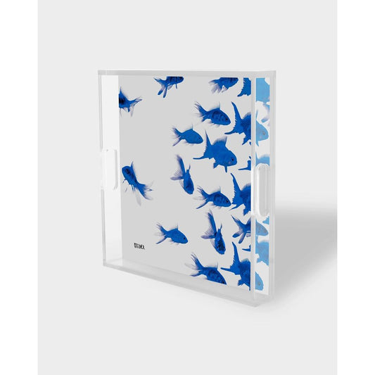 Plateau "Saphire Swim" David Stesner – poissons bleus saphir sur fond clair en acrylique transparent