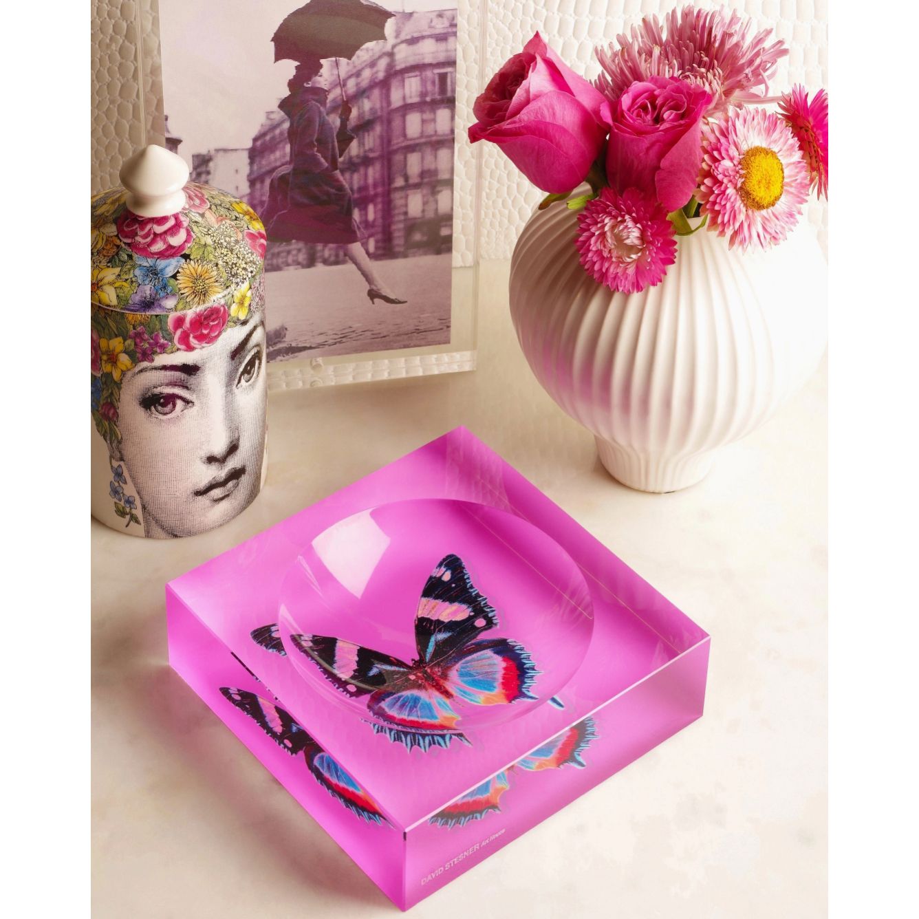 Vide-poche "Rose Flutter" David Stesner – papillon coloré sur fond rose néon en acrylique transparent