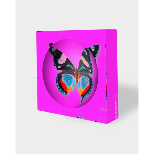 Vide-poche "Rose Flutter" David Stesner – papillon coloré sur fond rose néon en acrylique transparent