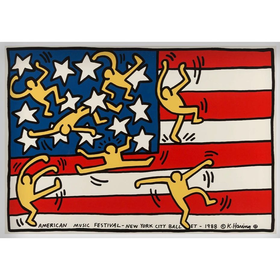 Affiche "Stars & Stripes" Keith Haring – silhouettes jaunes sur drapeau américain, art pop coloré 1988