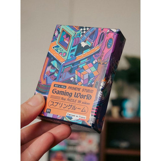 Mini puzzle "Gaming World" Paiheme Studio – univers rétro gaming coloré avec console et cube, puzzle 99 pièces fabriqué en France