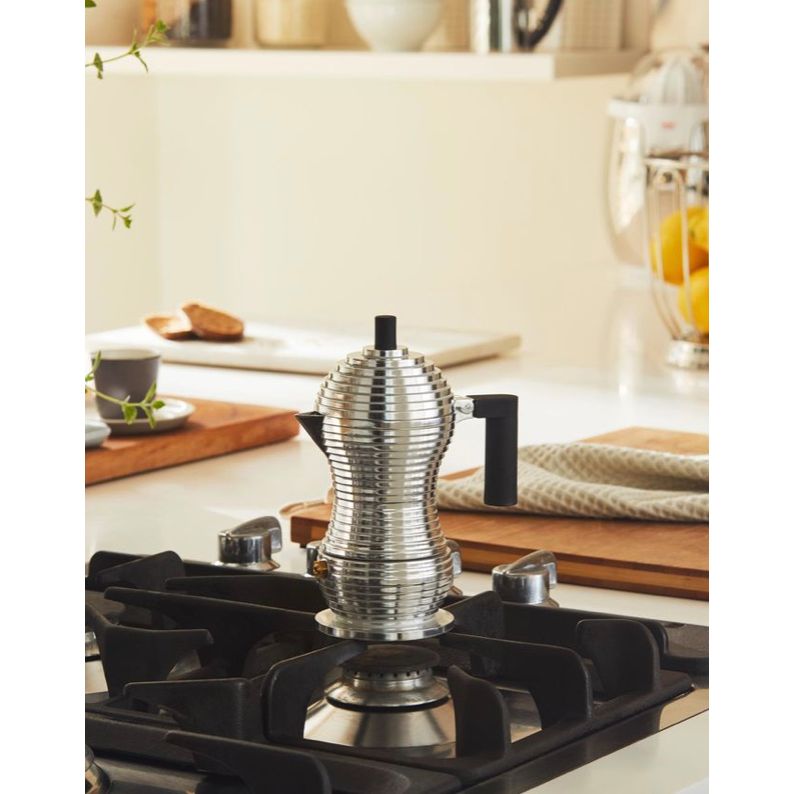 Cafetière italienne Pulcina Alessi MDL02/3B – 3 tasses, aluminium brillant avec poignée noire, design Michele De Lucchi.