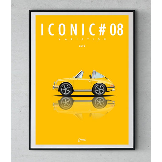 Affiche automobile "Iconic #08 – Targa 1972" par Cirebox – fond jaune, design minimaliste et silhouette vintage Porsche.