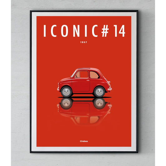 Affiche Fiat 500 1957 – Illustration Cirebox sur fond rouge, Iconic Éditions.