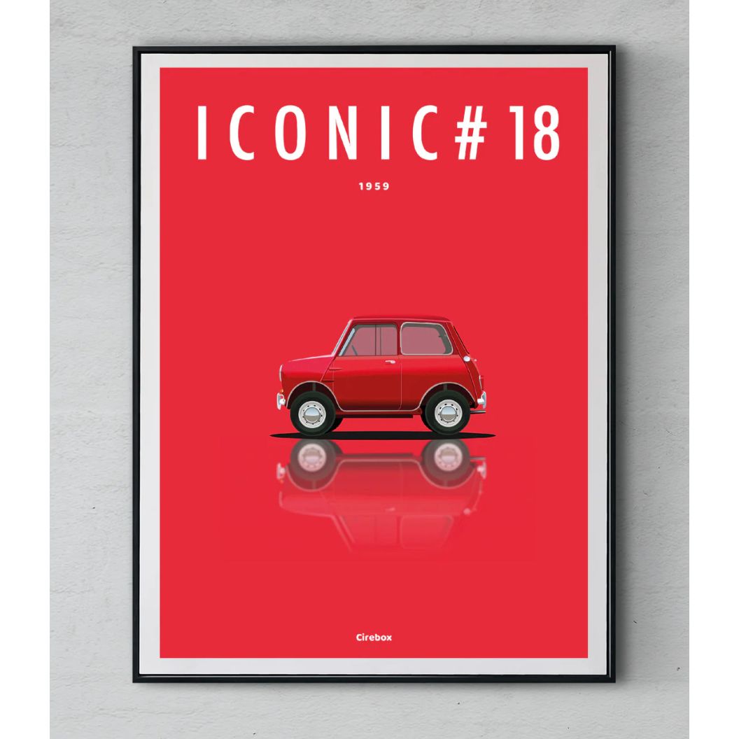 Affiche Austin Mini 1959 – Illustration Cirebox sur fond rouge, Iconic Éditions.