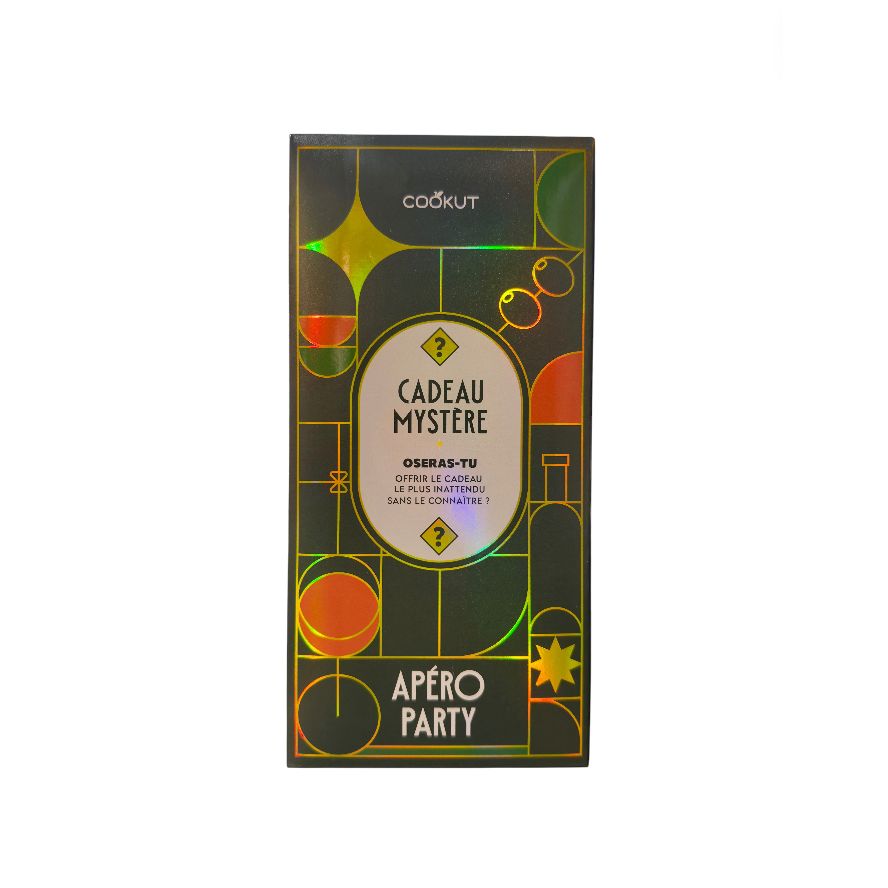 – Coffret Cadeau Mystère Apéro Party Cookut
– Boîte cadeau surprise apéritif Cookut
– Packaging holographique Apéro Party Cookut