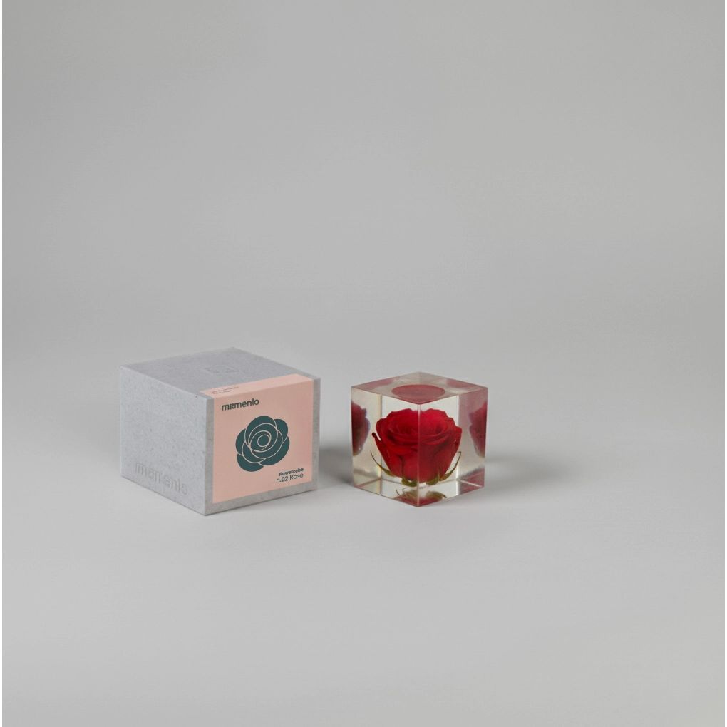 Cube MOMENTO avec rose rouge stabilisée – modèle Être Amoureux – L10 Brand EU