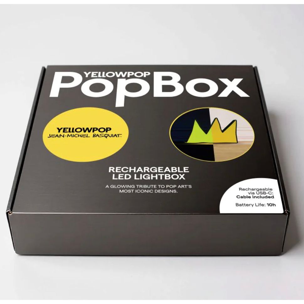 – Lampe LED PopBox The Crown Basquiat Yellowpop
– Lightbox couronne Basquiat décoration pop art
– Lampe design Basquiat Crown Yellowpop rechargeable