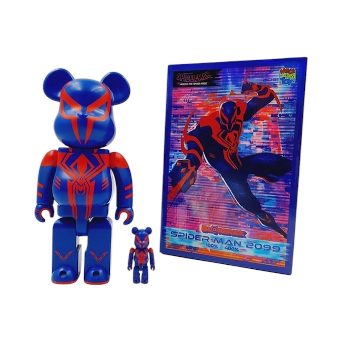Figurines Be@rbrick Spider-Man 2099 formats 100% et 400%, design Marvel sous licence officielle avec packaging illustré