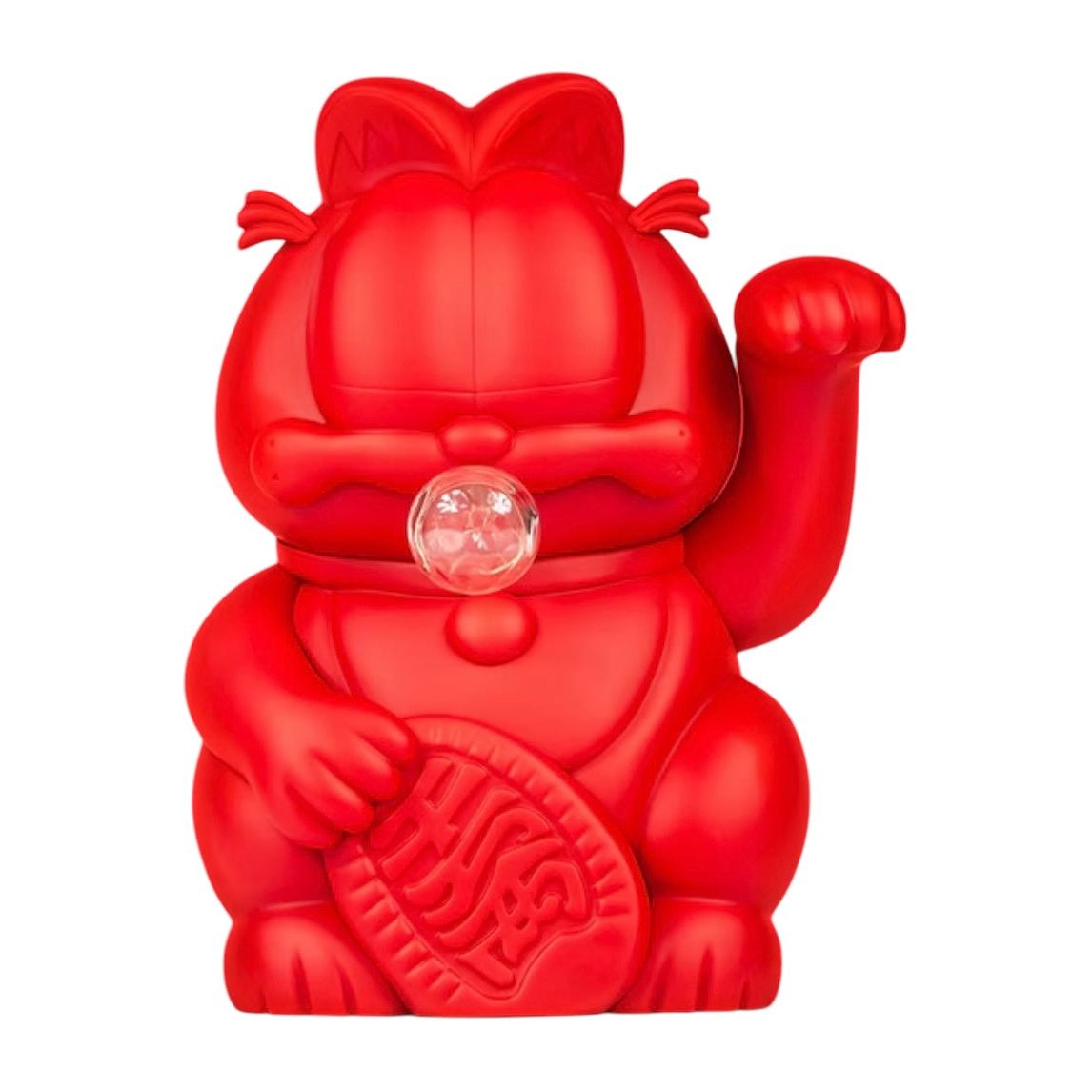 Figurine Garfield rouge “Strawberry Punch” de Youtooz, style chat porte-bonheur avec bulle transparente