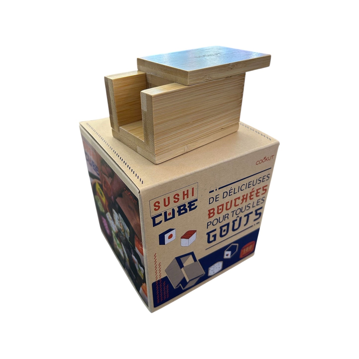 Moule à sushi en bambou Sushi Cube Cookut posé sur son coffret, accessoire de cuisine japonais écoresponsable