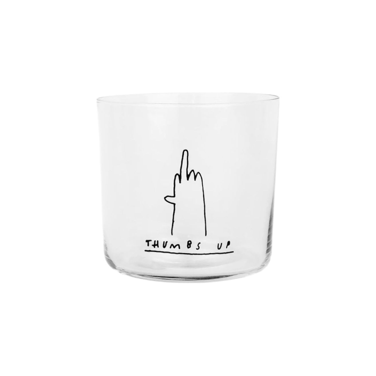 Verre transparent avec dessin ligne d'une main faisant un doigt d’honneur et texte “Thumbs Up”