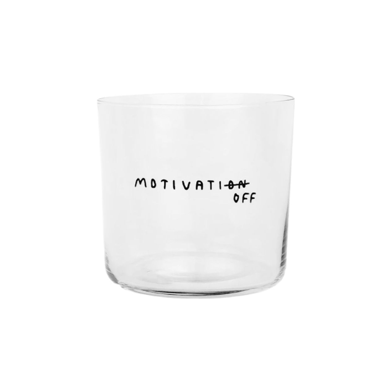 Verre à message avec texte “Motivation OFF” barré en typo manuscrite noire