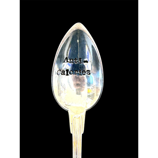 Cuillère vintage gravée "Anti-Calories" – ustensile en métal argenté au message humoristique