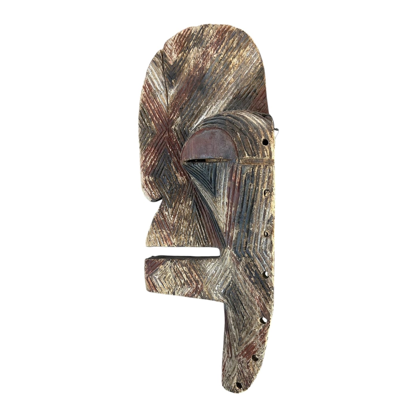 Masque Songye africain en bois sculpté – art tribal du Congo aux motifs géométriques