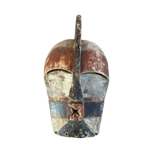 Masque africain Songye à bandes colorées – sculpture tribale en bois du Congo