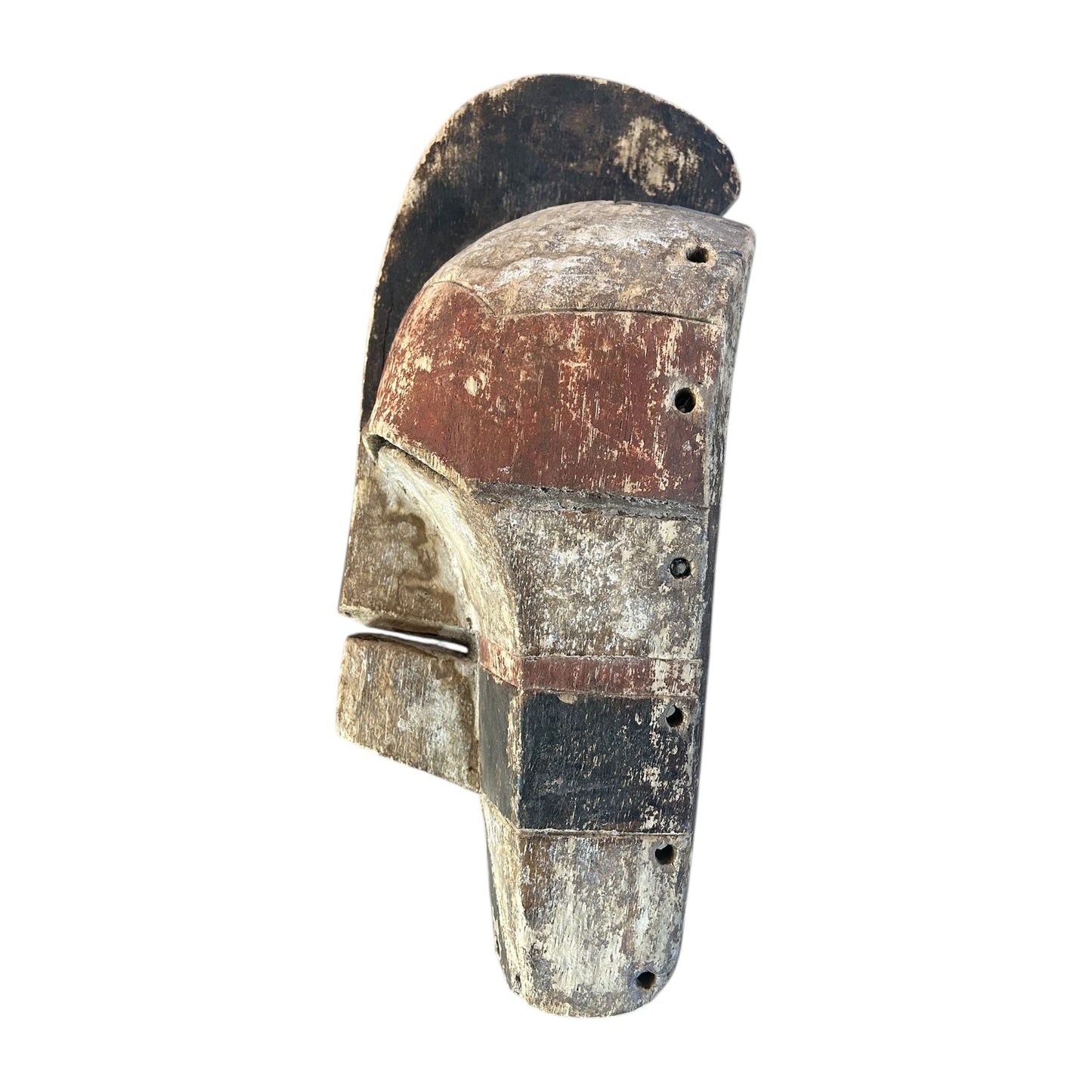 Masque africain Songye à bandes colorées – sculpture tribale en bois du Congo