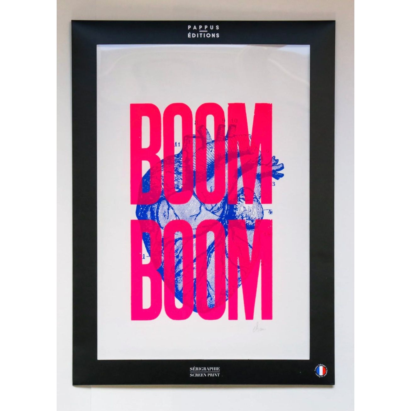 Sérigraphie Boom Boom 30x40cm – Pappus Editions – Impression signée rose fluo et bleu