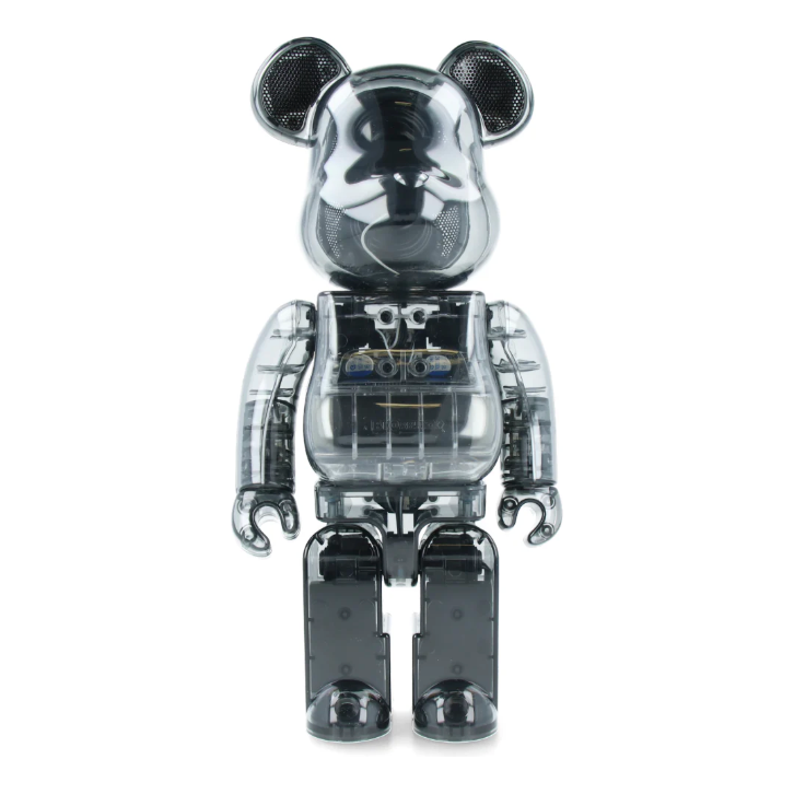 Enceinte Bluetooth Be@rbrick 400% x Rinaro au design transparent futuriste, avec haut-parleur intégré