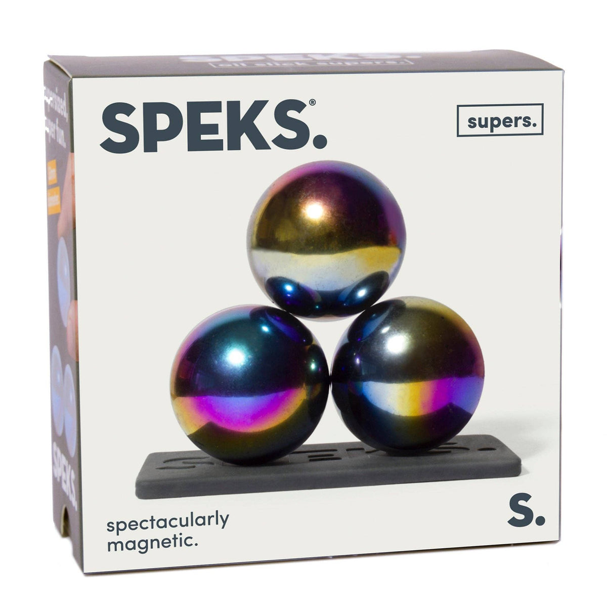 Speks Supers avec trois grandes sphères magnétiques irisées multicolores sur leur base de présentation avec boîte d’origine