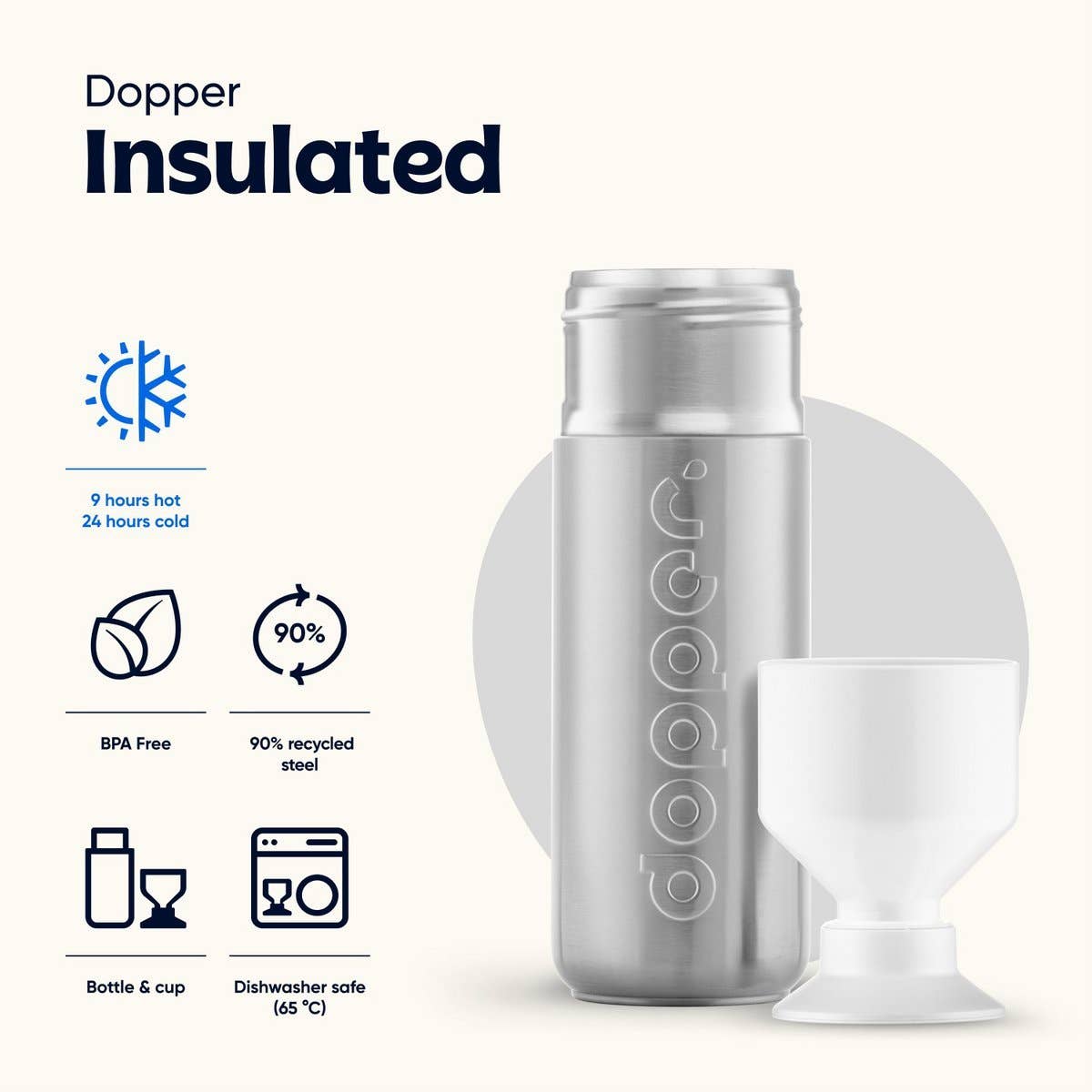 Gourde isotherme Dopper Insulated 580 ml Silver en acier inoxydable avec finition brossée et bouchon gobelet blanc