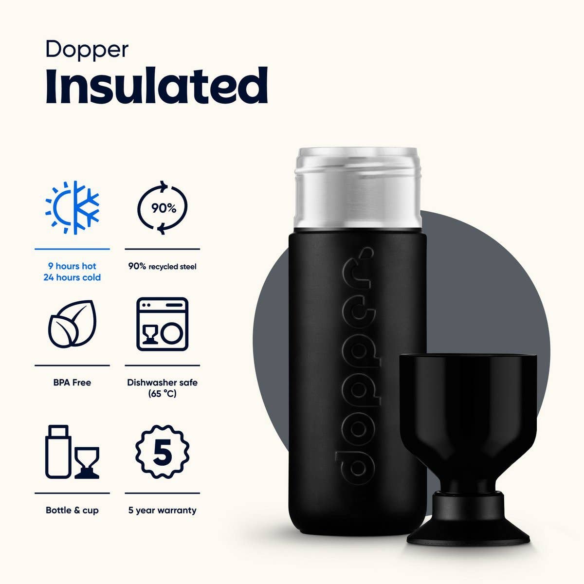 Gourde isotherme Dopper Insulated 580 ml noire en acier inoxydable