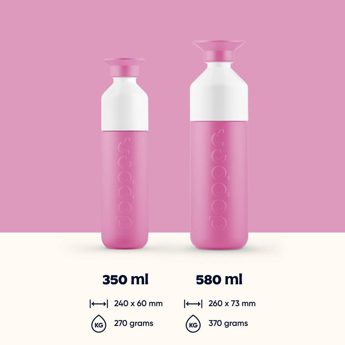 Gourde isotherme Dopper Insulated 580 ml Pelican Pink en acier inoxydable avec bouchon gobelet rose et corps blanc